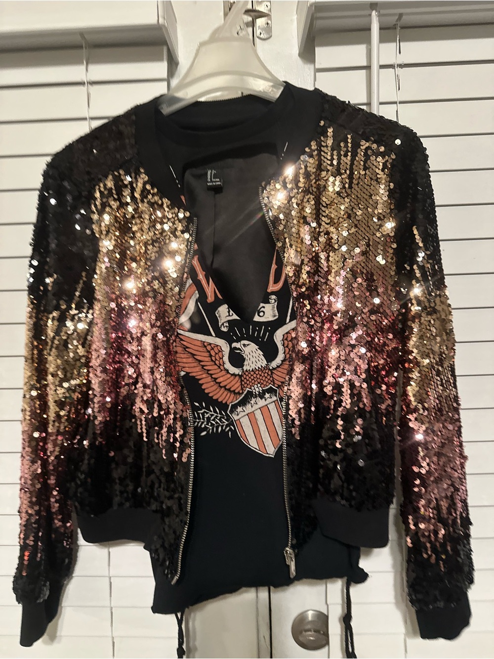 F2 Sequin Ombré Bomber Jacket Black with Gold & Pink Sequins W/Matching Graphic